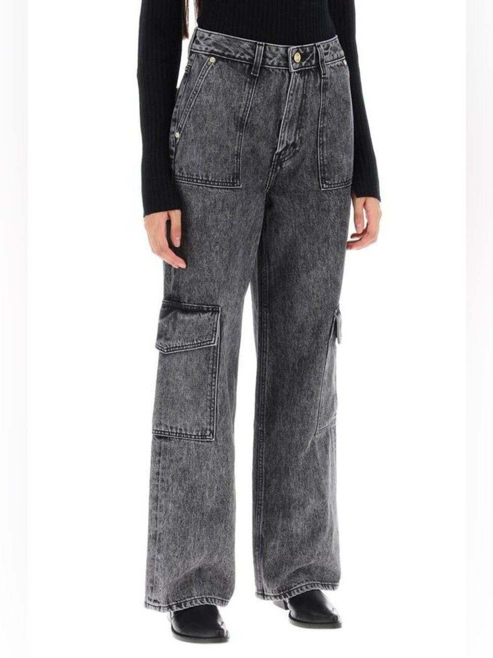 GANNI Angi High Rise Full Length Black Washed Denim Wide Straight Leg Size 24